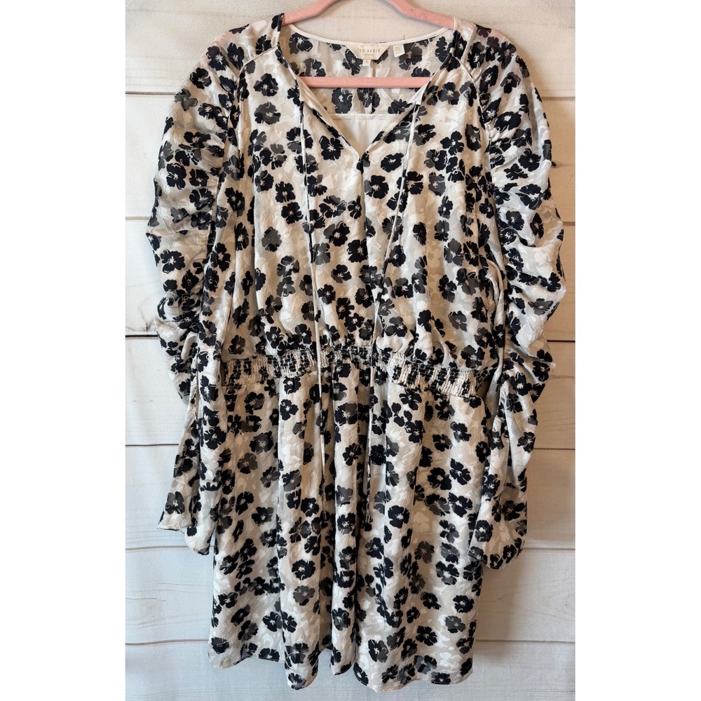 Ted Baker London Felici Floral Devore Mini Dress Black White Smocked Size 6 US14